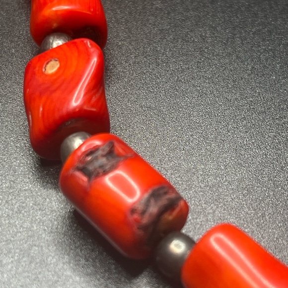 Vintage Chunky Red Bead Necklace | natural stone Tribal Style | Silver Tone - Picture 7 of 10